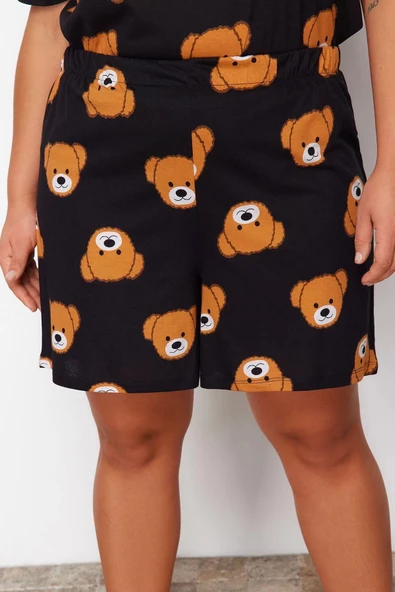 Kadın Moda Büyük Beden Bisiklet Yaka Geniş Paça Kısa Kol Ayıcık Baskılı Pamuklu Örme Pijama Takımı - 5