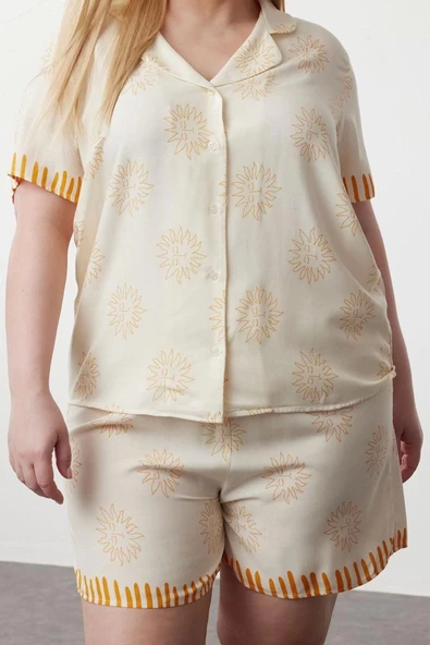 Kadın Moda Şık Büyük Beden Gömlek Yaka Boru Paça Uzun Kol Güneş Desenli Dokuma Pijama Takımı - 2