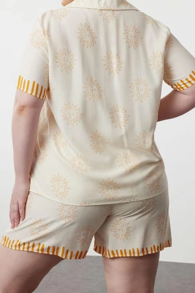 Kadın Moda Şık Büyük Beden Gömlek Yaka Boru Paça Uzun Kol Güneş Desenli Dokuma Pijama Takımı - 6