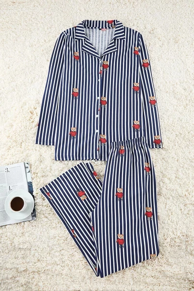 Kadın Moda Şık Büyük Beden Gömlek Yaka Boru Paça Uzun Kol Çizgili Ayıcık Desenli Örme Pijama Takımı