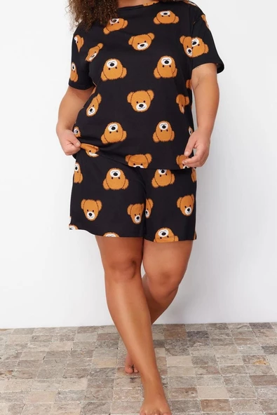 Kadın Moda Büyük Beden Bisiklet Yaka Geniş Paça Kısa Kol Ayıcık Baskılı Pamuklu Örme Pijama Takımı - 2
