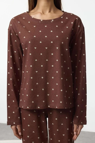 Kadın Moda Bisiklet Yaka Boru Paça Uzun Kol %100 Pamuklu Puantiye ve Kalp Desenli Örme Pijama Takımı - 2