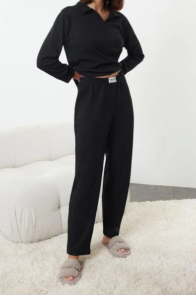 Kadın Moda Şık V Yaka Boru Paça Uzun Kol Etiket Detaylı Waffle Kumaş Örme Pijama Takımı