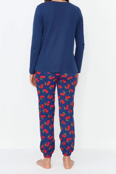 Kadın Moda Şık Bisiklet Yaka Boru Paça Uzun Kol %100 Pamuklu Kiraz Baskılı Örme Pijama Takımı - 6
