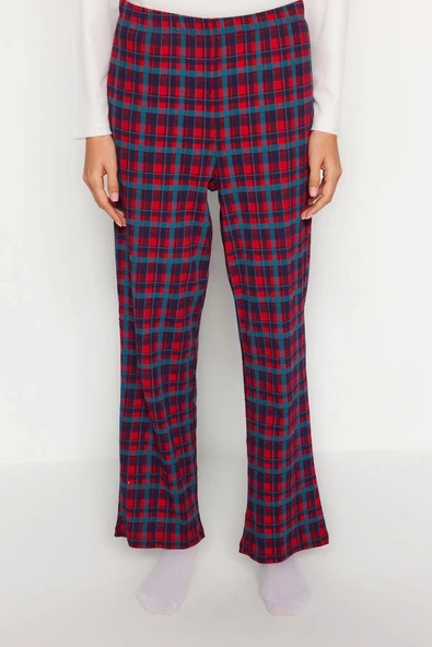 Kadın Moda Şık Bisiklet Yaka Boru Paça Uzun Kol %100 Pamuklu Ekoseli Cep Detaylı Örme Pijama Takımı - 5