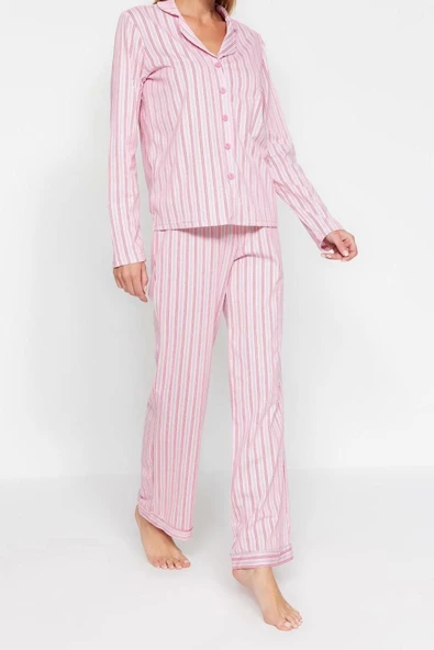 Kadın Gömlek Yaka Boru Paça Uzun Kol Pembe %100 Pamuklu Çizgili Gömlek-Pantolon Örme Pijama Takımı