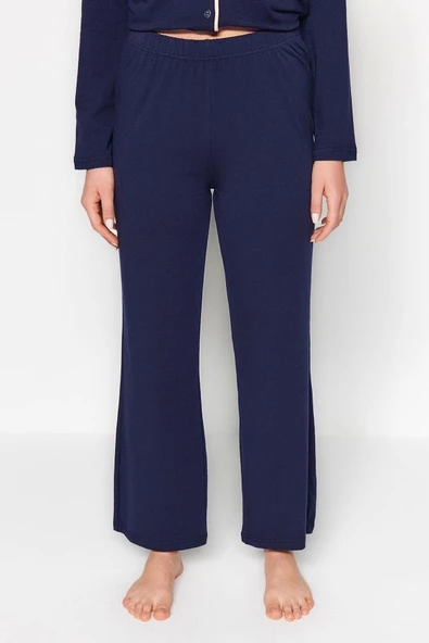 Kadın Moda Gömlek Yaka Boru Paça Uzun Kol Lacivert Pamuklu Biyeli Gömlek-Pantolon Örme Pijama Takımı - 5