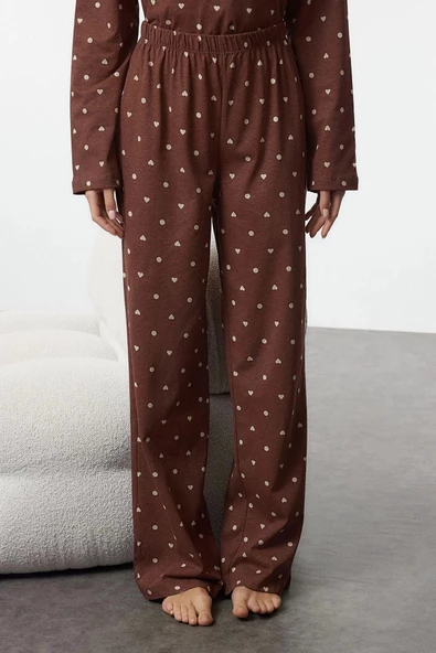 Kadın Moda Bisiklet Yaka Boru Paça Uzun Kol %100 Pamuklu Puantiye ve Kalp Desenli Örme Pijama Takımı - 3