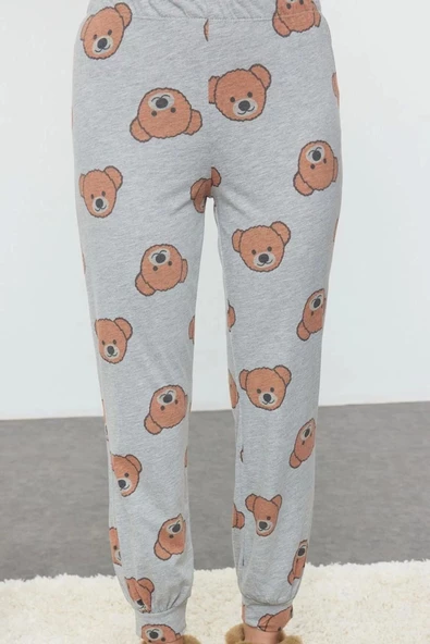 Kadın Moda Şık Bisiklet Yaka Boru Paça Uzun Kol %100 Pamuklu Ayıcık Desenli Örme Pijama Takımı - 3