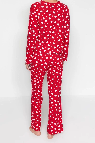 Kadın Bisiklet Yaka Boru Paça Uzun Kol Kırmızı %100 Pamuk Kalpli Tshirt-Pantolon Örme Pijama Takımı - 6