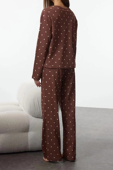Kadın Moda Bisiklet Yaka Boru Paça Uzun Kol %100 Pamuklu Puantiye ve Kalp Desenli Örme Pijama Takımı - 4