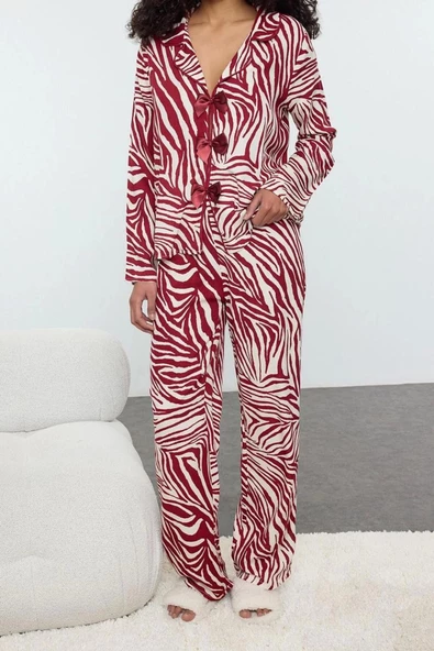 Kadın Moda Şık Gömlek Yaka Boru Paça Uzun Kol Düz Fiyonklu Shally Dokuma Pijama Takımı