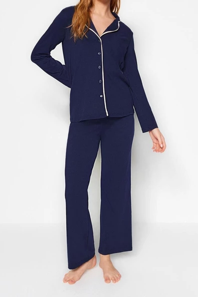 Kadın Moda Gömlek Yaka Boru Paça Uzun Kol Lacivert Pamuklu Biyeli Gömlek-Pantolon Örme Pijama Takımı - 3