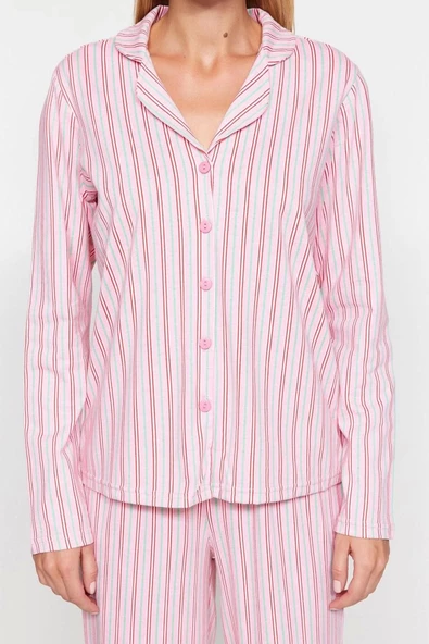 Kadın Gömlek Yaka Boru Paça Uzun Kol Pembe %100 Pamuklu Çizgili Gömlek-Pantolon Örme Pijama Takımı - 4