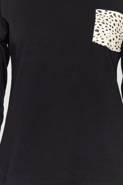 Kadın Moda V Yaka Boru Paça Uzun Kol %100 Pamuk Leopar Desenli Tshirt-Pantolon Örme Pijama Takımı - 5