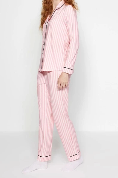 Kadın Gömlek Yaka Boru Paça Uzun Kol Çizgili Biyeli İçi Polarlı Gömlek-Pantolon Örme Pijama Takımı - 5