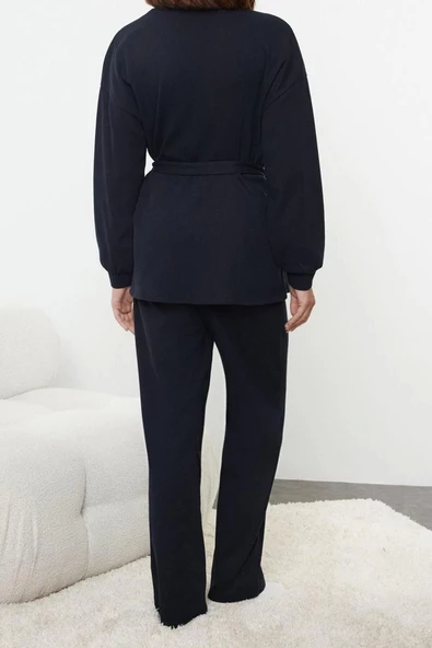 Kadın Moda Şık Şal Yaka Geniş Paça Uzun Kol Kuşaklı Waffle Kumaş Hamile Örme Pijama Takımı - 3