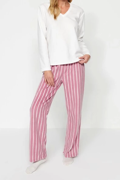 Kadın Moda Şık V Yaka Boru Paça Uzun Kol Beyaz Çizgili Polar Kışlık Örme Pijama Takımı - 2
