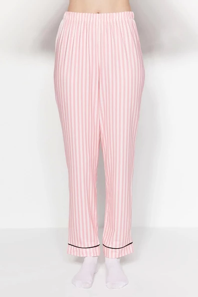 Kadın Gömlek Yaka Boru Paça Uzun Kol Çizgili Biyeli İçi Polarlı Gömlek-Pantolon Örme Pijama Takımı - 4