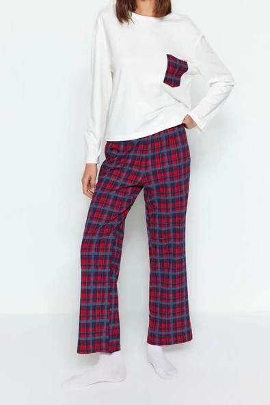 Kadın Moda Şık Bisiklet Yaka Boru Paça Uzun Kol %100 Pamuklu Ekoseli Cep Detaylı Örme Pijama Takımı
