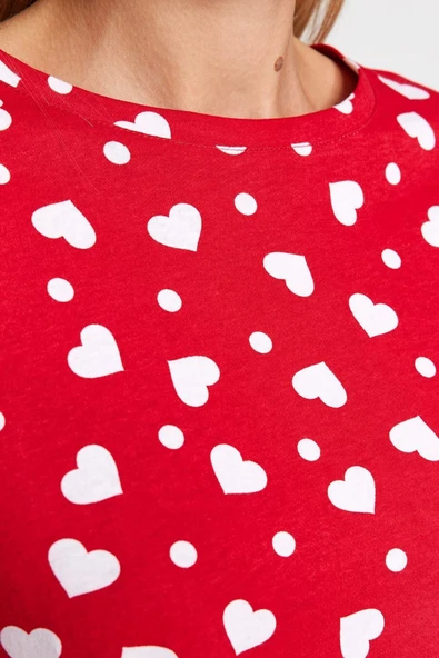 Kadın Bisiklet Yaka Boru Paça Uzun Kol Kırmızı %100 Pamuk Kalpli Tshirt-Pantolon Örme Pijama Takımı - 5