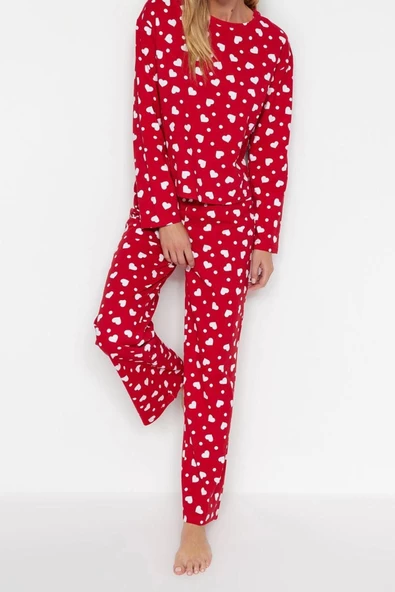 Kadın Bisiklet Yaka Boru Paça Uzun Kol Kırmızı %100 Pamuk Kalpli Tshirt-Pantolon Örme Pijama Takımı - 3