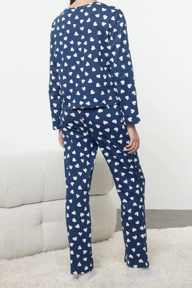 Kadın Moda Şık Bisiklet Yaka Geniş Paça Uzun Kol %100 Pamuklu Kalp Desenli Örme Pijama Takımı - 4