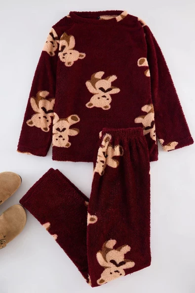 Kadın Moda Şık Bisiklet Yaka Boru Paça Uzun Kol Ayıcıklı Wellsoft Kışlık Örme Pijama Takımı