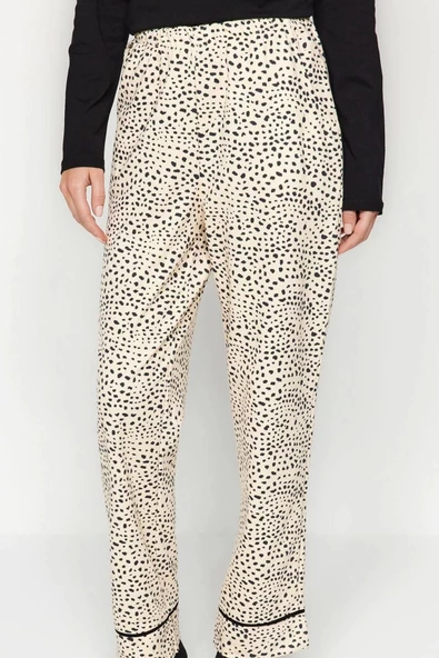 Kadın Moda V Yaka Boru Paça Uzun Kol %100 Pamuk Leopar Desenli Tshirt-Pantolon Örme Pijama Takımı - 6