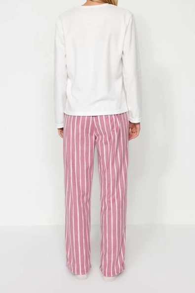 Kadın Moda Şık V Yaka Boru Paça Uzun Kol Beyaz Çizgili Polar Kışlık Örme Pijama Takımı - 6