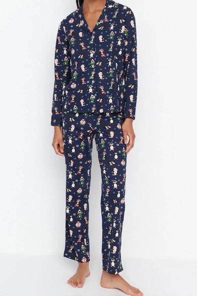 Kadın Moda Gömlek Yaka Boru Paça Uzun Kol %100 Pamuk Penguen Desenli Kış Temalı Örme Pijama Takımı - 5