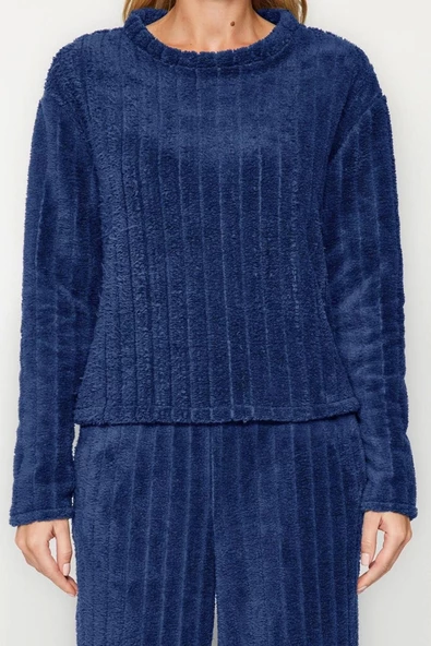 Kadın Moda Şık Bisiklet Yaka Boru Paça Uzun Kol Wellsoft Kışlık Örme Pijama Takımı - 3