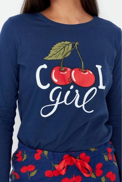 Kadın Moda Şık Bisiklet Yaka Boru Paça Uzun Kol %100 Pamuklu Kiraz Baskılı Örme Pijama Takımı - 3
