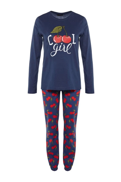 Kadın Moda Şık Bisiklet Yaka Boru Paça Uzun Kol %100 Pamuklu Kiraz Baskılı Örme Pijama Takımı