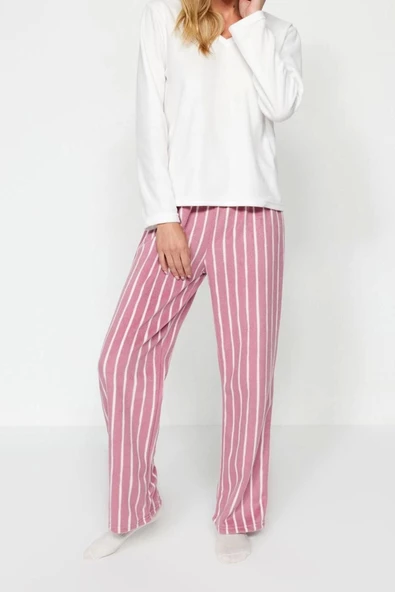 Kadın Moda Şık V Yaka Boru Paça Uzun Kol Beyaz Çizgili Polar Kışlık Örme Pijama Takımı - 3