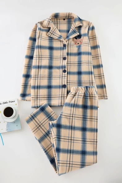 Kadın Moda Şık Gömlek Yaka Boru Paça Uzun Kol Nakışlı Ekoseli Polar Kışlık Örme Pijama Takımı