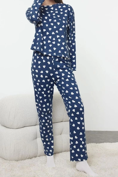 Kadın Moda Şık Bisiklet Yaka Geniş Paça Uzun Kol %100 Pamuklu Kalp Desenli Örme Pijama Takımı - 2