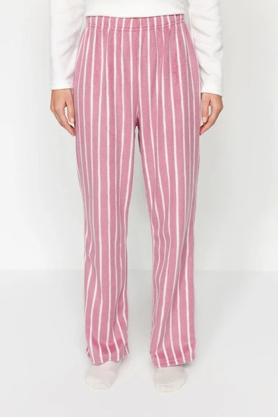 Kadın Moda Şık V Yaka Boru Paça Uzun Kol Beyaz Çizgili Polar Kışlık Örme Pijama Takımı - 4