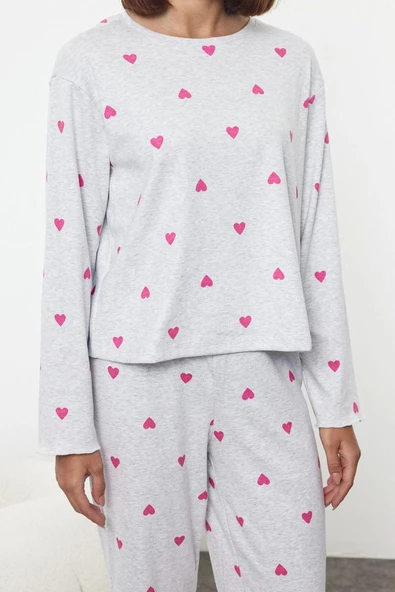 Kadın Moda Şık Bisiklet Yaka Geniş Paça Uzun Kol Kalpli Baskılı Lastikli Örme Pijama Takımı - 2