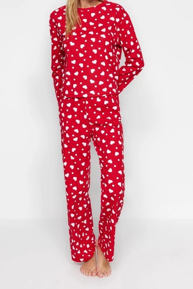 Kadın Bisiklet Yaka Boru Paça Uzun Kol Kırmızı %100 Pamuk Kalpli Tshirt-Pantolon Örme Pijama Takımı
