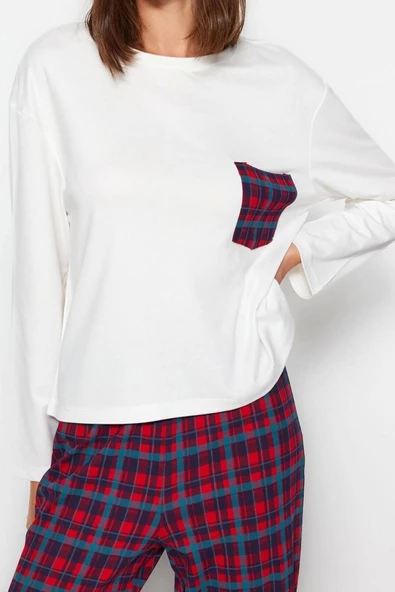 Kadın Moda Şık Bisiklet Yaka Boru Paça Uzun Kol %100 Pamuklu Ekoseli Cep Detaylı Örme Pijama Takımı - 2