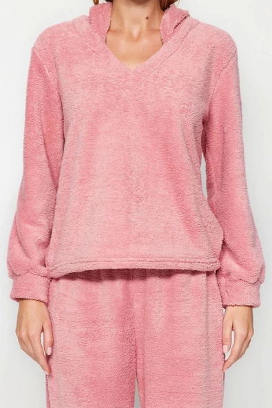 Kadın Moda Şık Kruvaze Boru Paça Uzun Kol Wellsoft Kapüşon Kulak Detaylı Kışlık Örme Pijama Takımı - 3