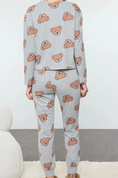 Kadın Moda Şık Bisiklet Yaka Boru Paça Uzun Kol %100 Pamuklu Ayıcık Desenli Örme Pijama Takımı - 4