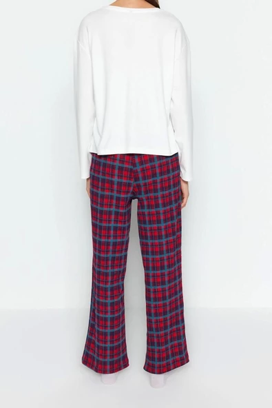 Kadın Moda Şık Bisiklet Yaka Boru Paça Uzun Kol %100 Pamuklu Ekoseli Cep Detaylı Örme Pijama Takımı - 4
