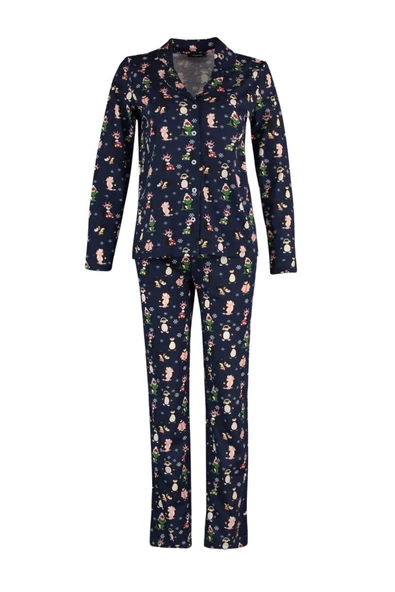 Kadın Moda Gömlek Yaka Boru Paça Uzun Kol %100 Pamuk Penguen Desenli Kış Temalı Örme Pijama Takımı