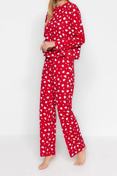 Kadın Bisiklet Yaka Boru Paça Uzun Kol Kırmızı %100 Pamuk Kalpli Tshirt-Pantolon Örme Pijama Takımı - 2