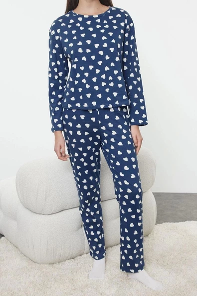 Kadın Moda Şık Bisiklet Yaka Geniş Paça Uzun Kol %100 Pamuklu Kalp Desenli Örme Pijama Takımı