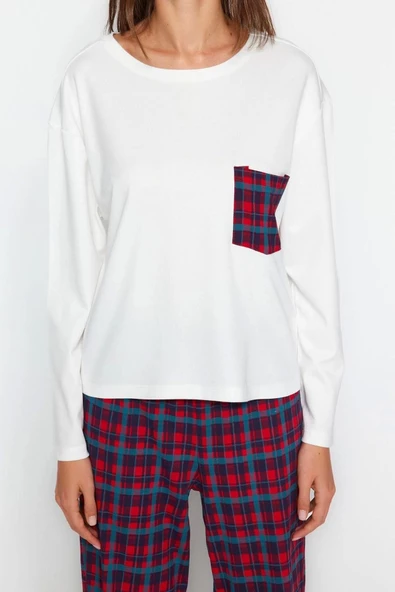 Kadın Moda Şık Bisiklet Yaka Boru Paça Uzun Kol %100 Pamuklu Ekoseli Cep Detaylı Örme Pijama Takımı - 3