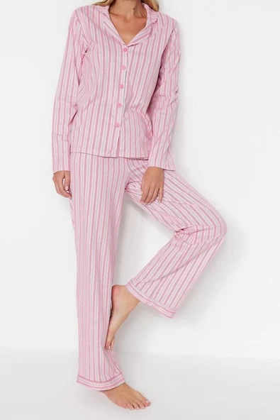 Kadın Gömlek Yaka Boru Paça Uzun Kol Pembe %100 Pamuklu Çizgili Gömlek-Pantolon Örme Pijama Takımı - 2