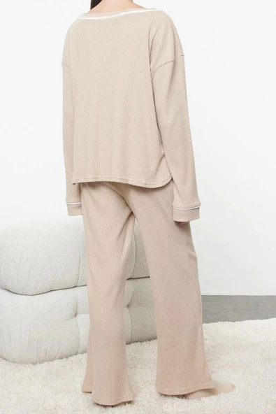Kadın Moda Şık V Yaka Geniş Paça Uzun Kol Biyeli Fitilli Örme Pijama Takımı - 5